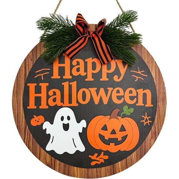 Happy Halloween Sign for Front Door,Round Wood Hanging Wreaths Sign - Picture 7 of 7